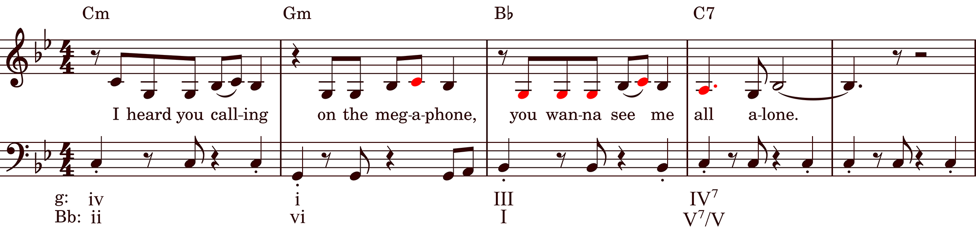 Music notation: Modified hrmony of Taylor Swift's The Fate of Ophelia, first vocal phrase. T0 vocal, T5 harmony (mm. 1-3), T0 harmony (mm. 4-5)