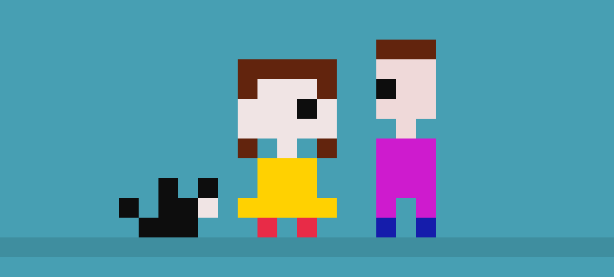 Pixel art: Cat, Girl, and Boy