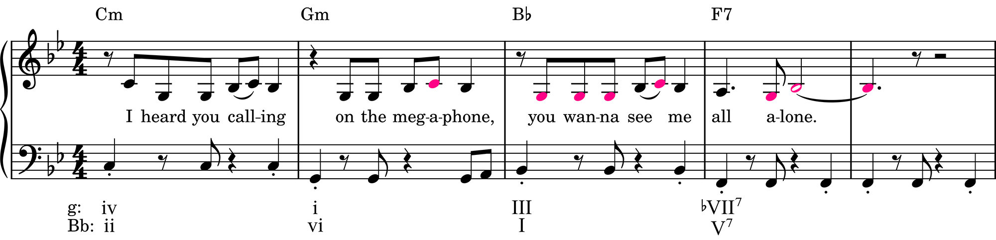 Music notation: Modified harmony of Taylor Swift's The Fate of Ophelia, first vocal phrase. T0 vocal, T5 harmony