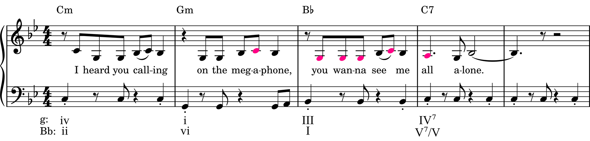 Music notation: Modified harmony of Taylor Swift's The Fate of Ophelia, first vocal phrase. T0 vocal, T5 harmony (mm. 1-3), T0 harmony (mm. 4-5)
